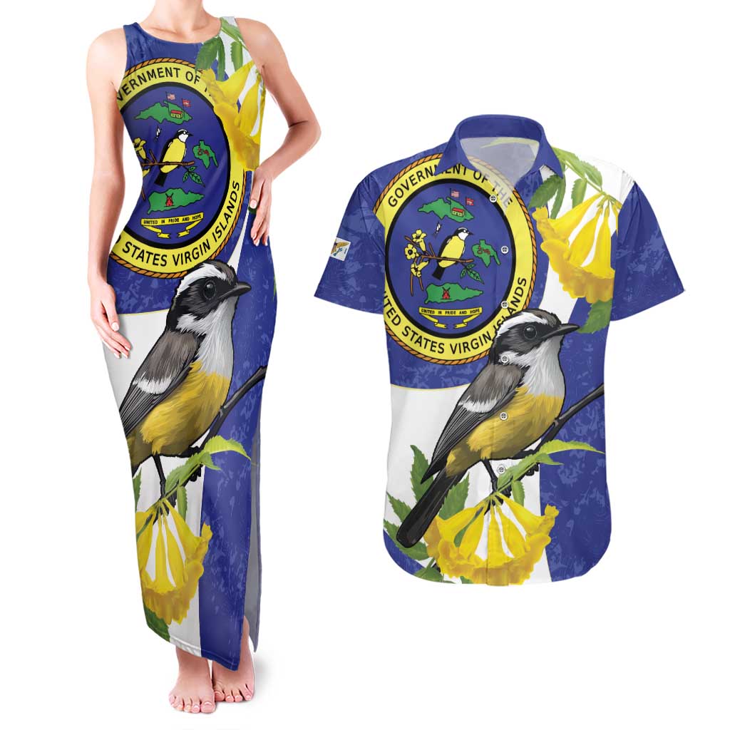 US Virgin Islands Couples Matching Tank Maxi Dress and Hawaiian Shirt Bananaquit Bird Mix Ginger Thomas Flower