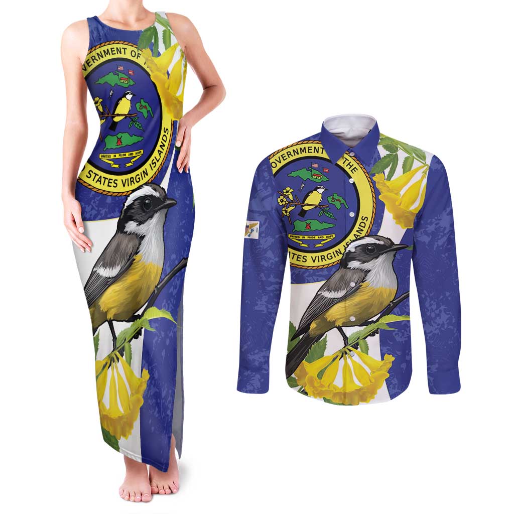 US Virgin Islands Couples Matching Tank Maxi Dress and Long Sleeve Button Shirt Bananaquit Bird Mix Ginger Thomas Flower