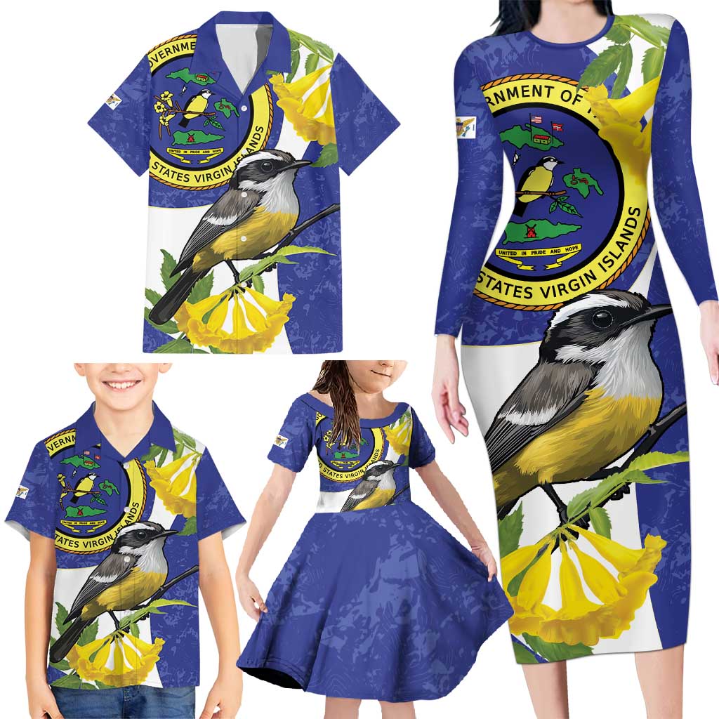 US Virgin Islands Family Matching Long Sleeve Bodycon Dress and Hawaiian Shirt Bananaquit Bird Mix Ginger Thomas Flower - Wonder Print Shop