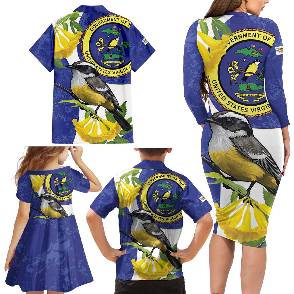 US Virgin Islands Family Matching Long Sleeve Bodycon Dress and Hawaiian Shirt Bananaquit Bird Mix Ginger Thomas Flower - Wonder Print Shop