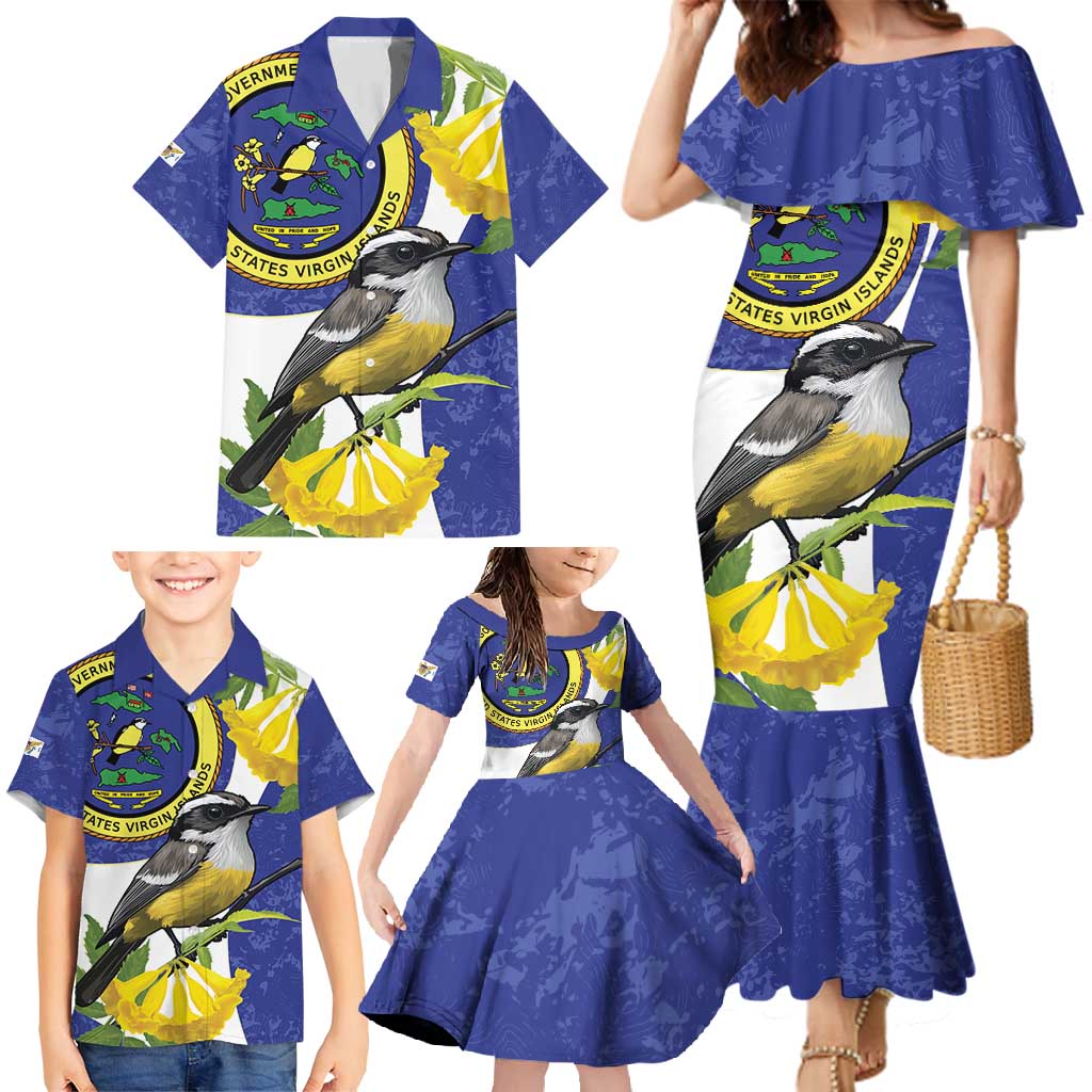 US Virgin Islands Family Matching Mermaid Dress and Hawaiian Shirt Bananaquit Bird Mix Ginger Thomas Flower - Wonder Print Shop