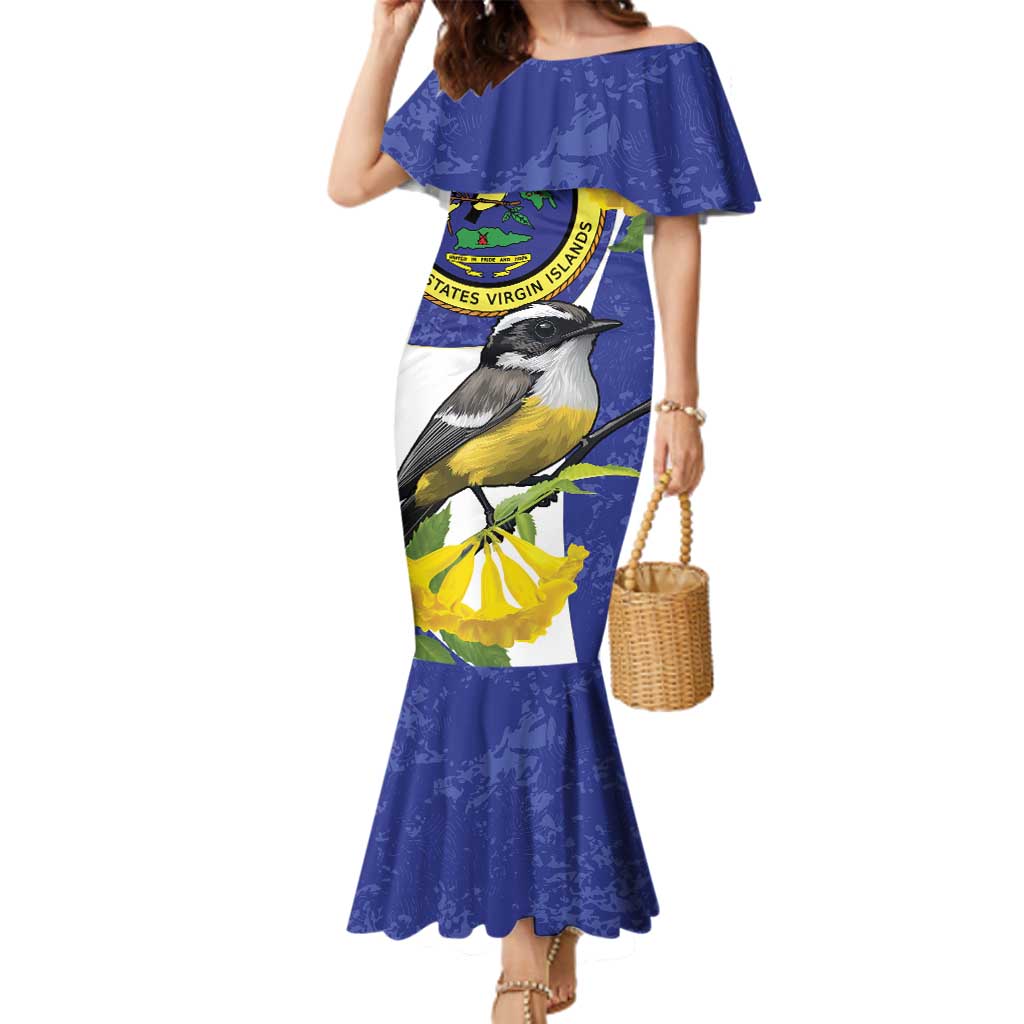 US Virgin Islands Family Matching Mermaid Dress and Hawaiian Shirt Bananaquit Bird Mix Ginger Thomas Flower - Wonder Print Shop