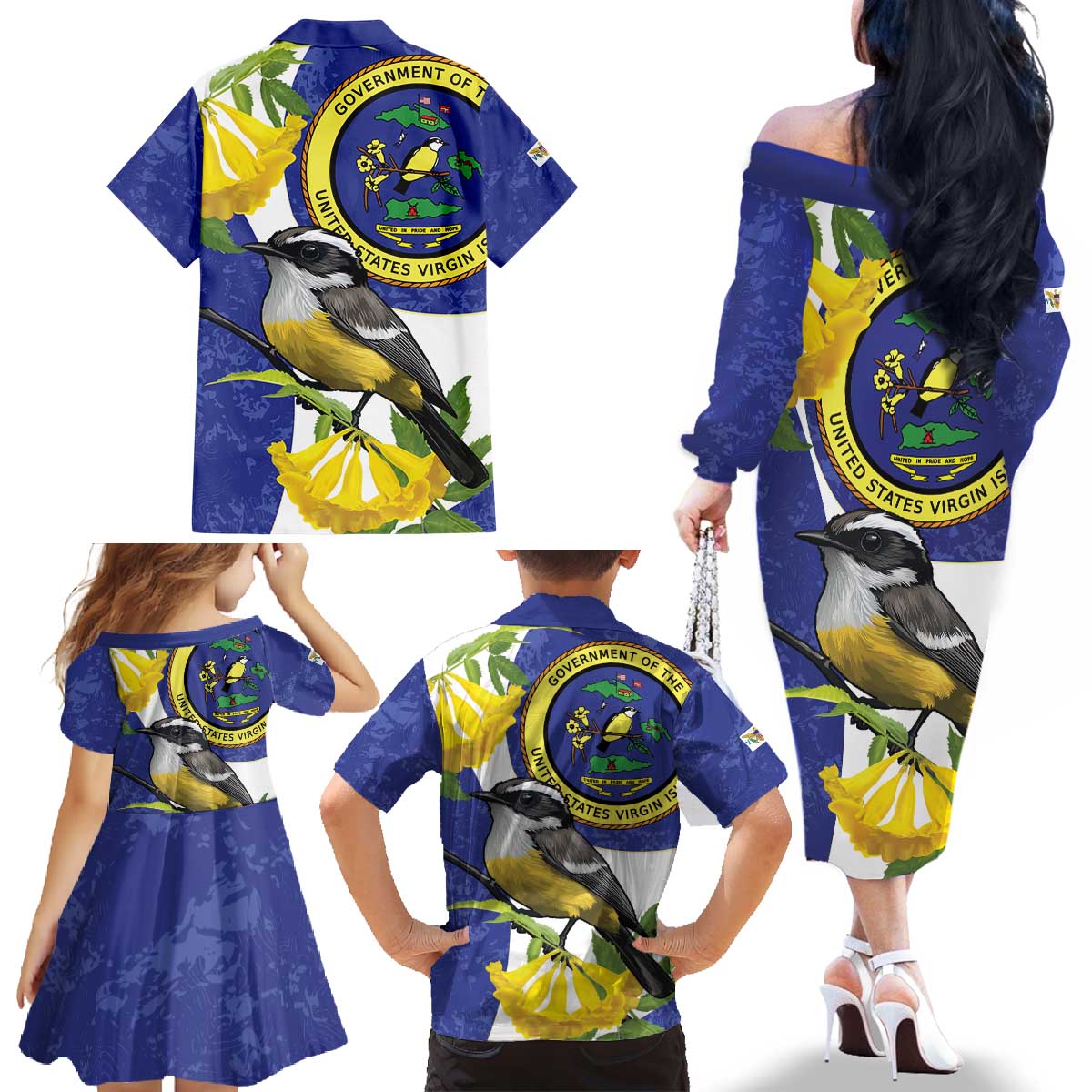 US Virgin Islands Family Matching Off The Shoulder Long Sleeve Dress and Hawaiian Shirt Bananaquit Bird Mix Ginger Thomas Flower