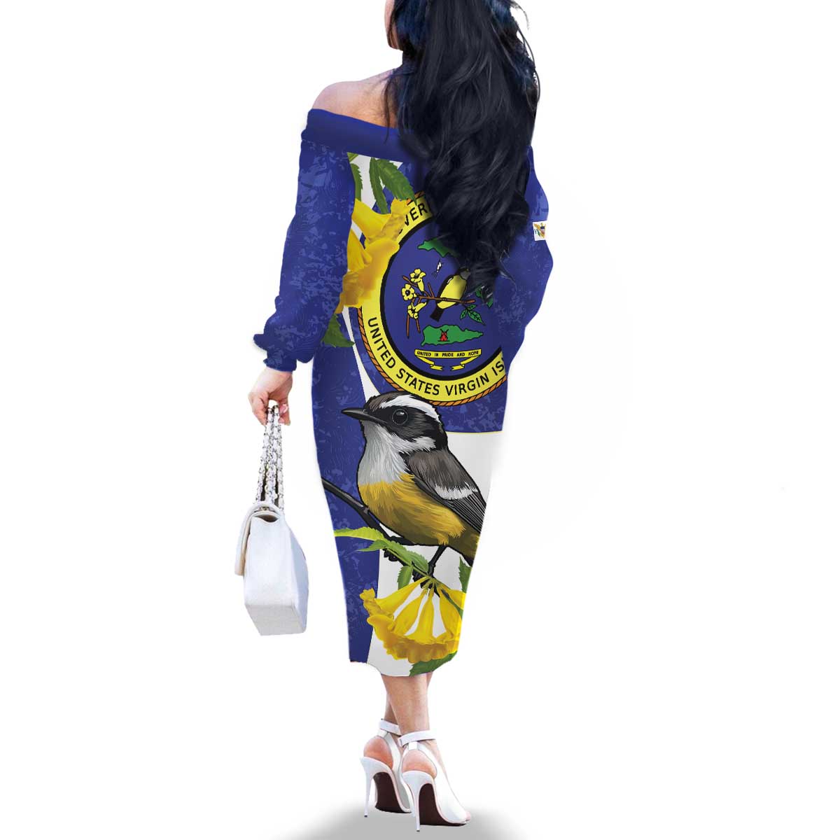 US Virgin Islands Family Matching Off The Shoulder Long Sleeve Dress and Hawaiian Shirt Bananaquit Bird Mix Ginger Thomas Flower