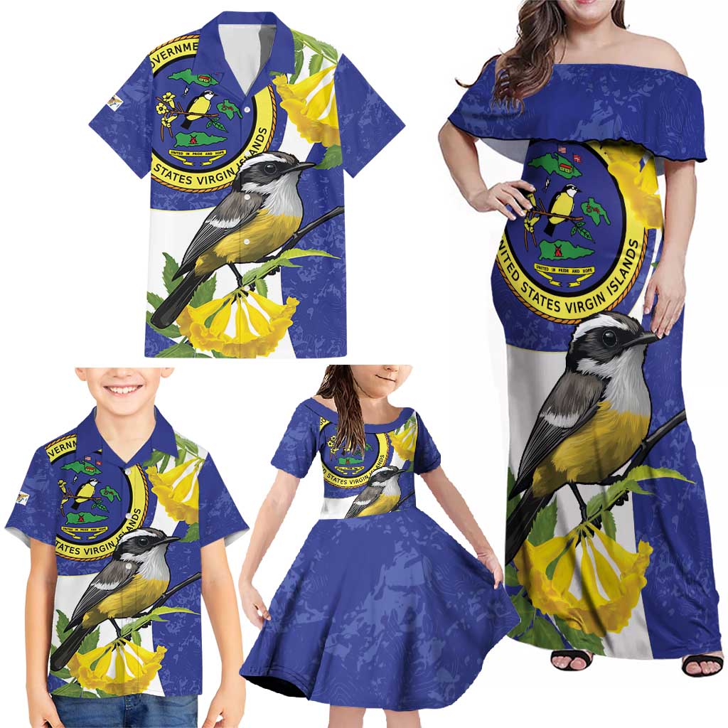 US Virgin Islands Family Matching Off Shoulder Maxi Dress and Hawaiian Shirt Bananaquit Bird Mix Ginger Thomas Flower - Wonder Print Shop