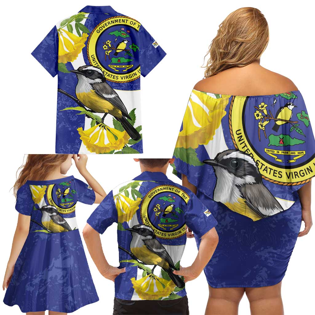 US Virgin Islands Family Matching Off Shoulder Short Dress and Hawaiian Shirt Bananaquit Bird Mix Ginger Thomas Flower - Wonder Print Shop