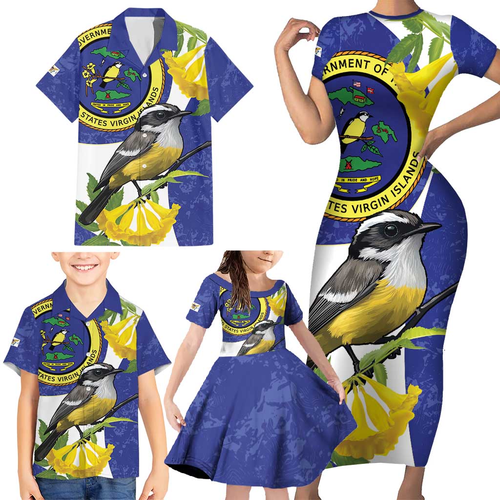 US Virgin Islands Family Matching Short Sleeve Bodycon Dress and Hawaiian Shirt Bananaquit Bird Mix Ginger Thomas Flower - Wonder Print Shop