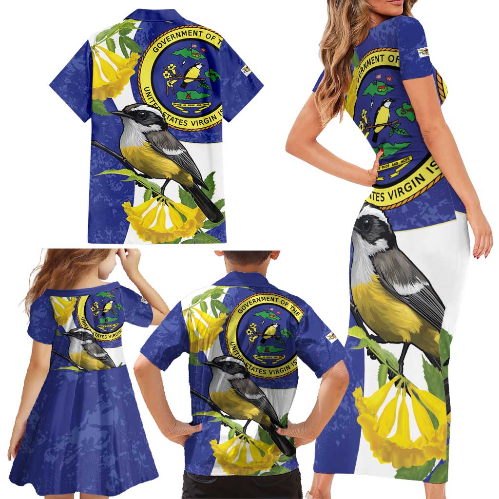 US Virgin Islands Family Matching Short Sleeve Bodycon Dress and Hawaiian Shirt Bananaquit Bird Mix Ginger Thomas Flower - Wonder Print Shop