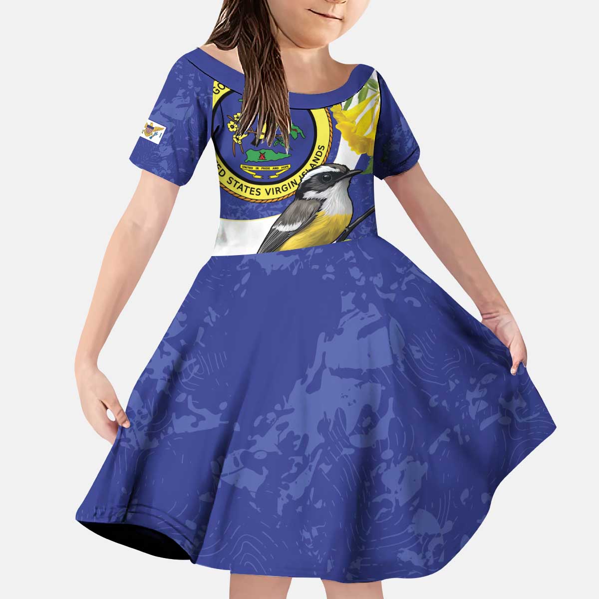 US Virgin Islands Kid Short Sleeve Dress Bananaquit Bird Mix Ginger Thomas Flower - Wonder Print Shop