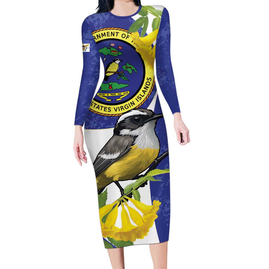 US Virgin Islands Long Sleeve Bodycon Dress Bananaquit Bird Mix Ginger Thomas Flower - Wonder Print Shop