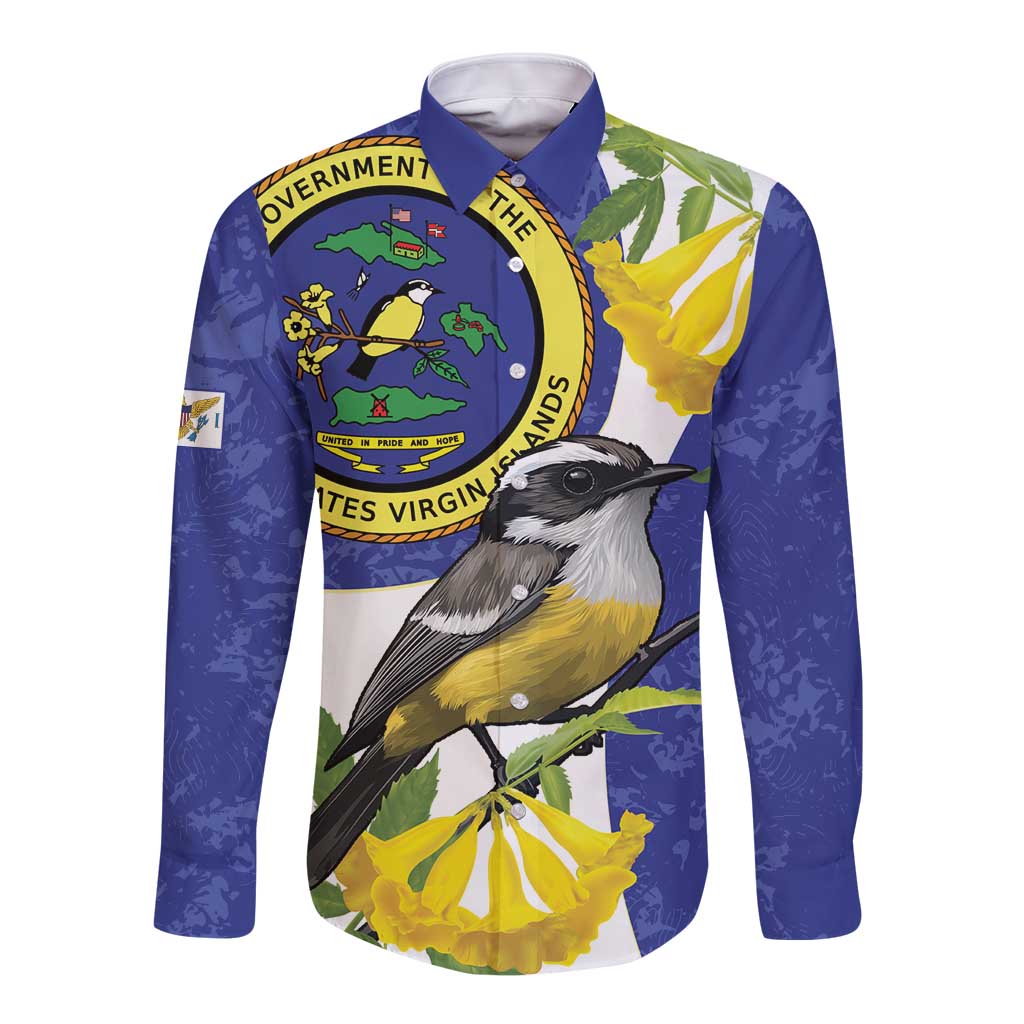 US Virgin Islands Long Sleeve Button Shirt Bananaquit Bird Mix Ginger Thomas Flower