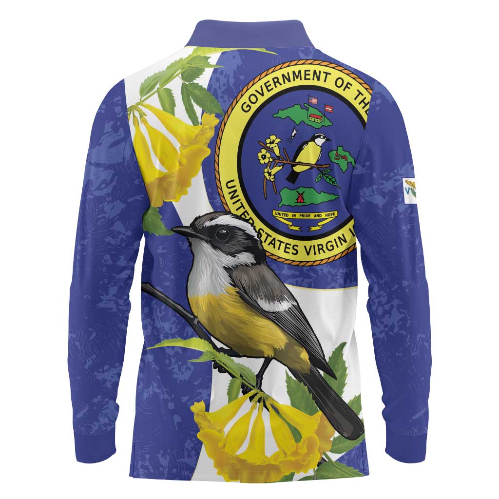 US Virgin Islands Long Sleeve Polo Shirt Bananaquit Bird Mix Ginger Thomas Flower - Wonder Print Shop