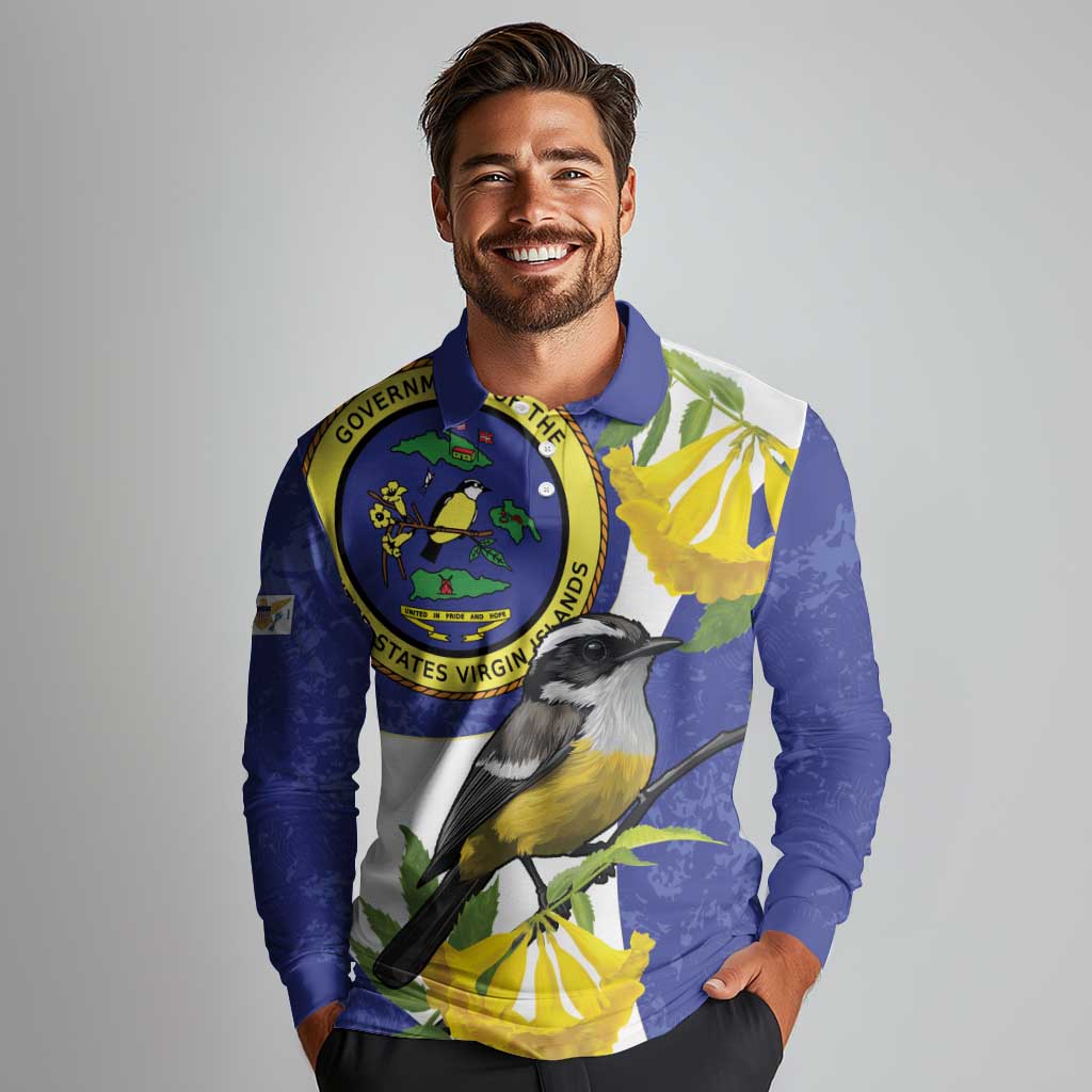 US Virgin Islands Long Sleeve Polo Shirt Bananaquit Bird Mix Ginger Thomas Flower - Wonder Print Shop