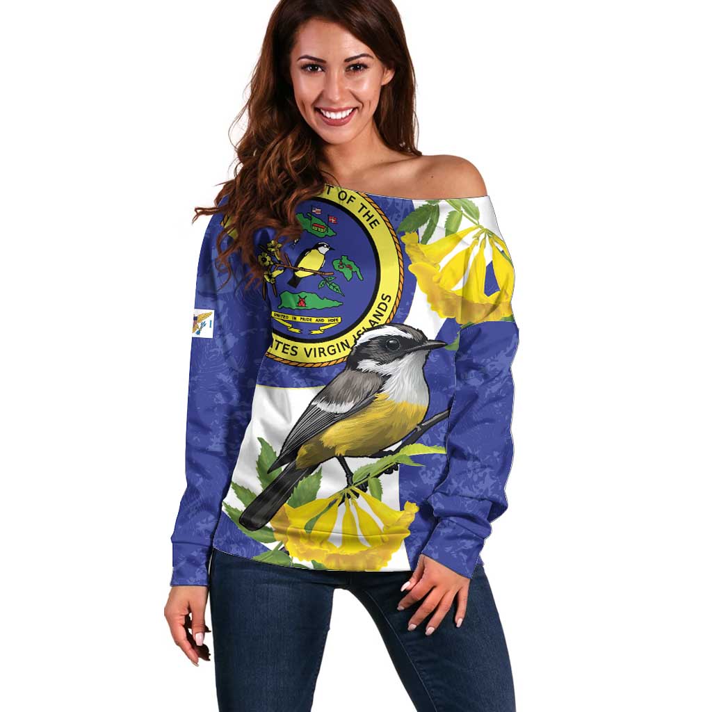 US Virgin Islands Off Shoulder Sweater Bananaquit Bird Mix Ginger Thomas Flower - Wonder Print Shop