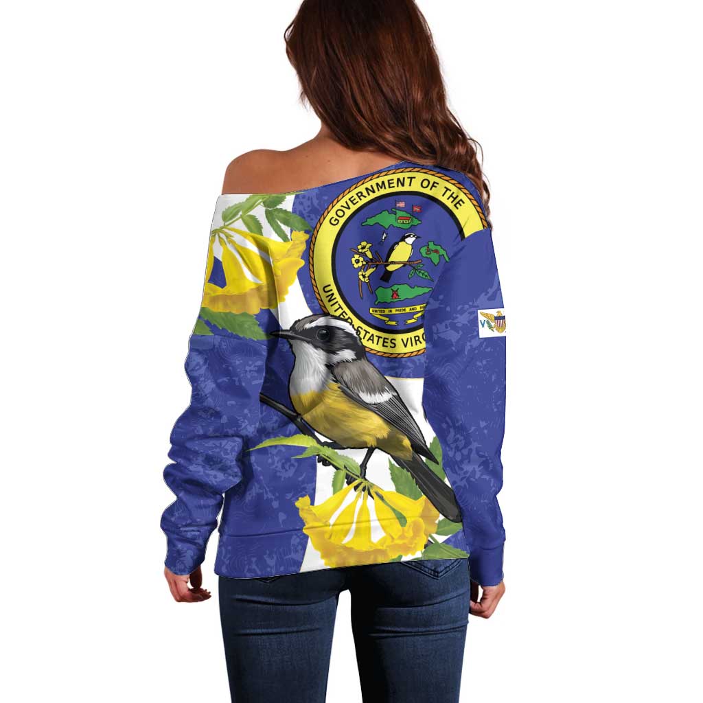 US Virgin Islands Off Shoulder Sweater Bananaquit Bird Mix Ginger Thomas Flower - Wonder Print Shop