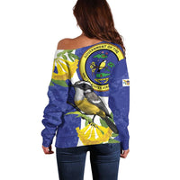 US Virgin Islands Off Shoulder Sweater Bananaquit Bird Mix Ginger Thomas Flower - Wonder Print Shop