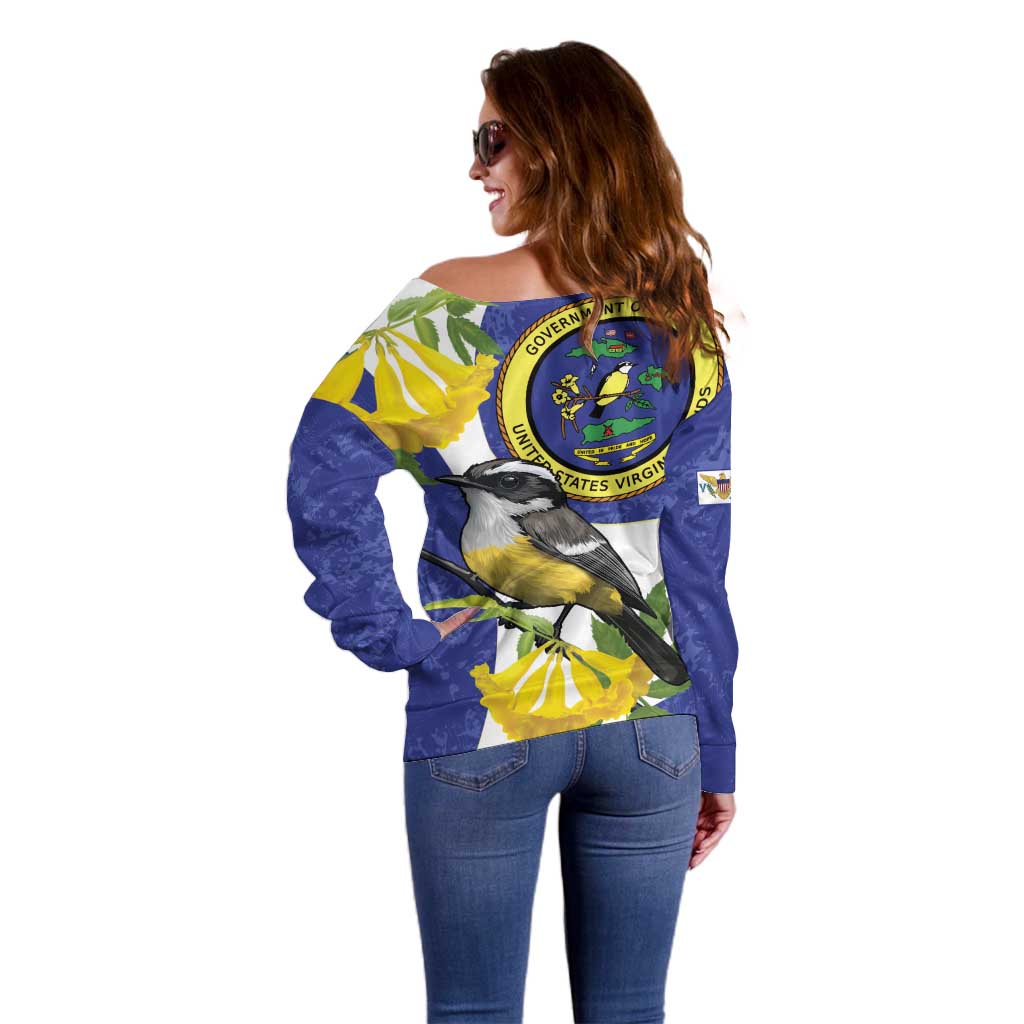US Virgin Islands Off Shoulder Sweater Bananaquit Bird Mix Ginger Thomas Flower - Wonder Print Shop