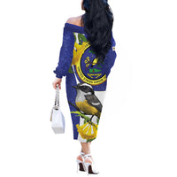 US Virgin Islands Off The Shoulder Long Sleeve Dress Bananaquit Bird Mix Ginger Thomas Flower - Wonder Print Shop