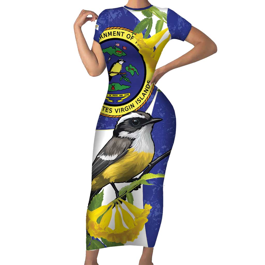 US Virgin Islands Short Sleeve Bodycon Dress Bananaquit Bird Mix Ginger Thomas Flower - Wonder Print Shop
