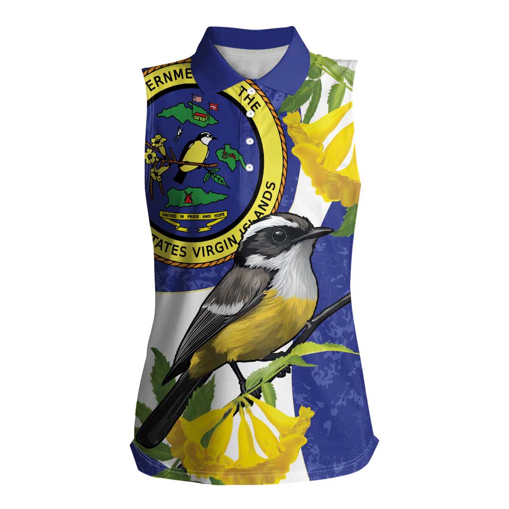 US Virgin Islands Women Sleeveless Polo Shirt Bananaquit Bird Mix Ginger Thomas Flower - Wonder Print Shop