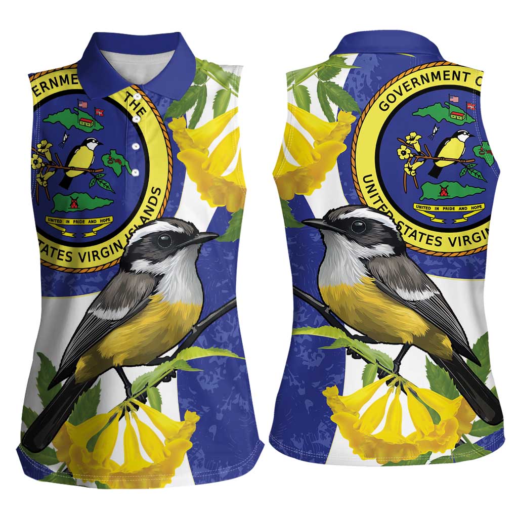 US Virgin Islands Women Sleeveless Polo Shirt Bananaquit Bird Mix Ginger Thomas Flower - Wonder Print Shop