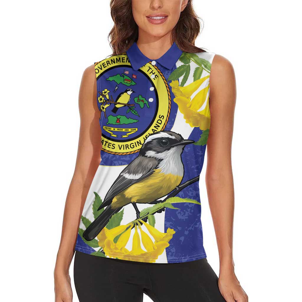 US Virgin Islands Women Sleeveless Polo Shirt Bananaquit Bird Mix Ginger Thomas Flower - Wonder Print Shop