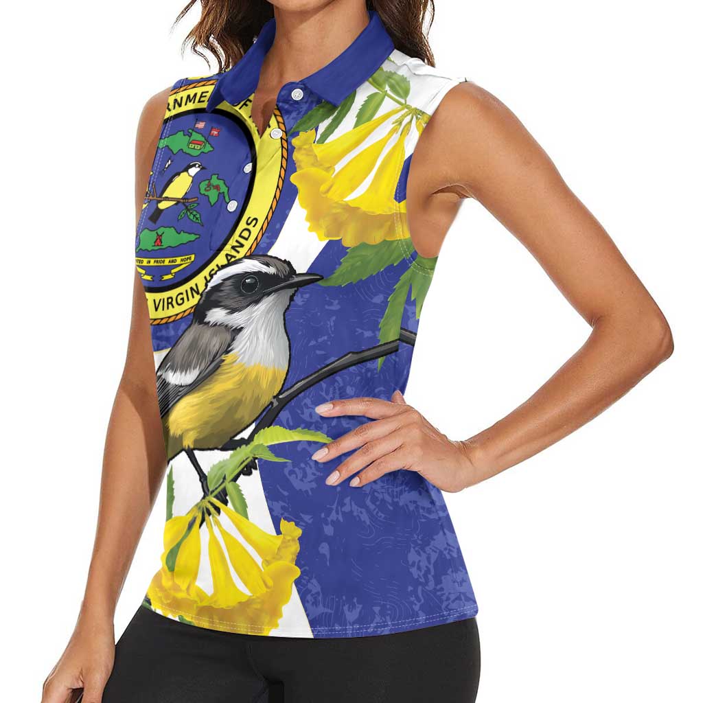 US Virgin Islands Women Sleeveless Polo Shirt Bananaquit Bird Mix Ginger Thomas Flower - Wonder Print Shop