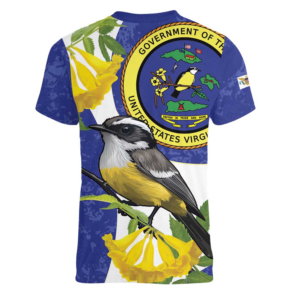 US Virgin Islands Women V-Neck T-Shirt Bananaquit Bird Mix Ginger Thomas Flower - Wonder Print Shop
