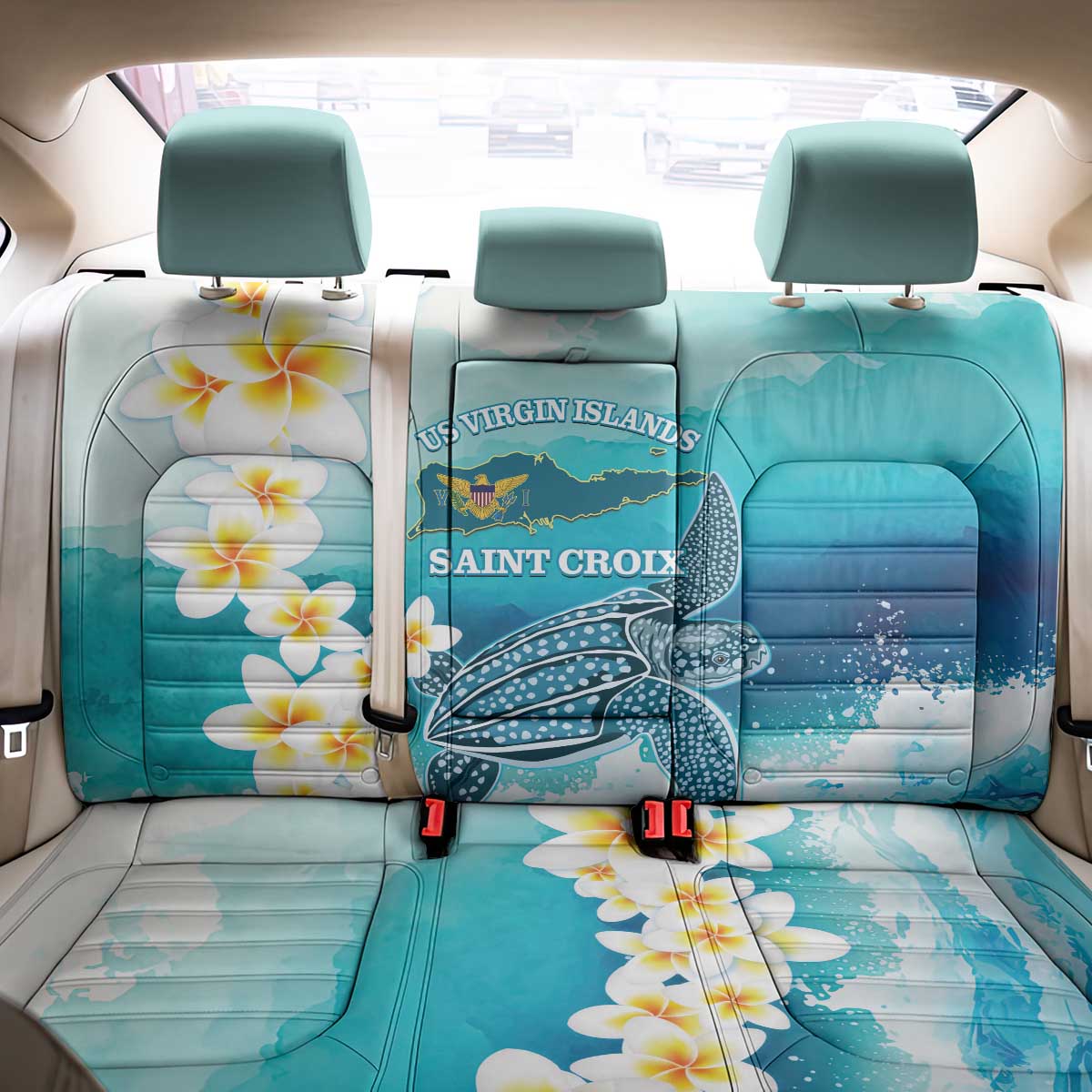 US Virgin Islands St Croix Back Car Seat Cover Twin City Leatherback With Plumeria - Wonder Print Shop
