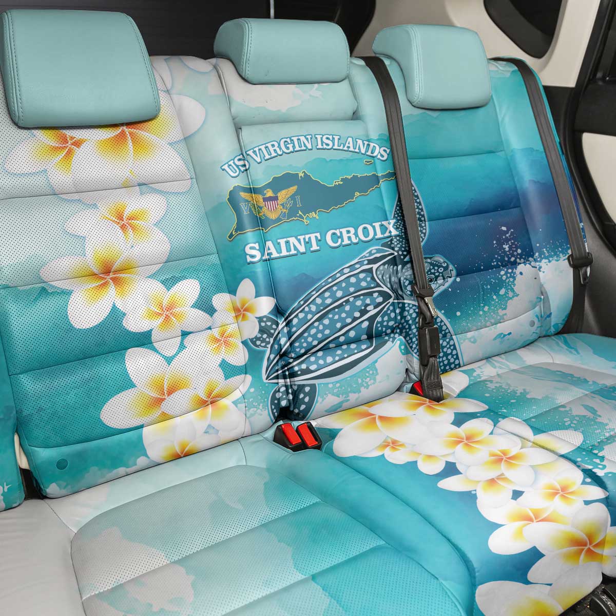 US Virgin Islands St Croix Back Car Seat Cover Twin City Leatherback With Plumeria - Wonder Print Shop