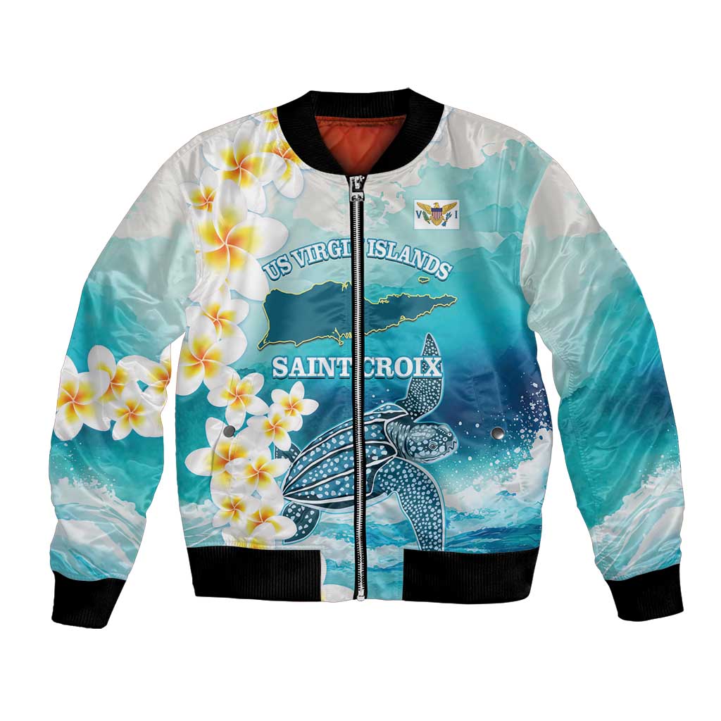 US Virgin Islands St Croix Bomber Jacket Twin City Leatherback With Plumeria - Wonder Print Shop