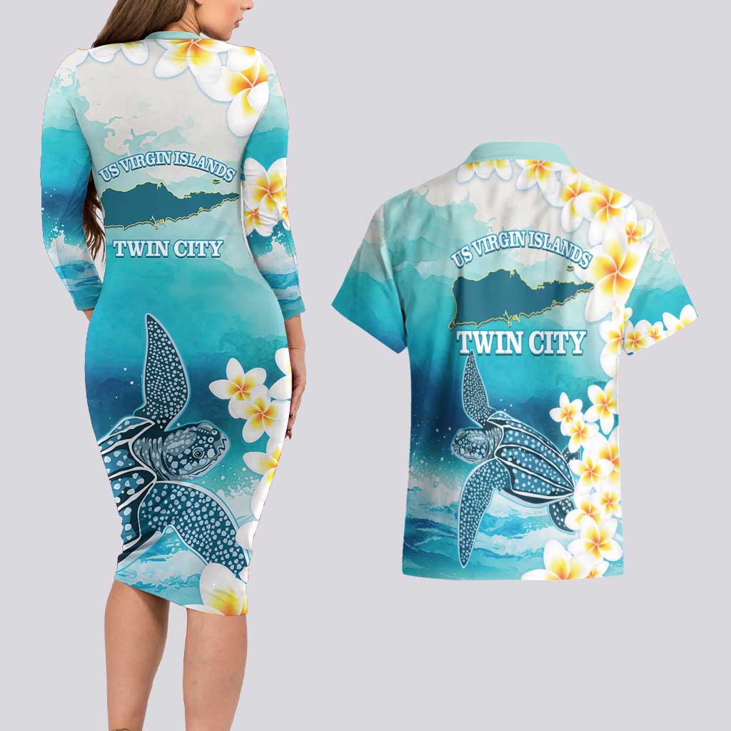 US Virgin Islands St Croix Couples Matching Long Sleeve Bodycon Dress and Hawaiian Shirt Twin City Leatherback With Plumeria
