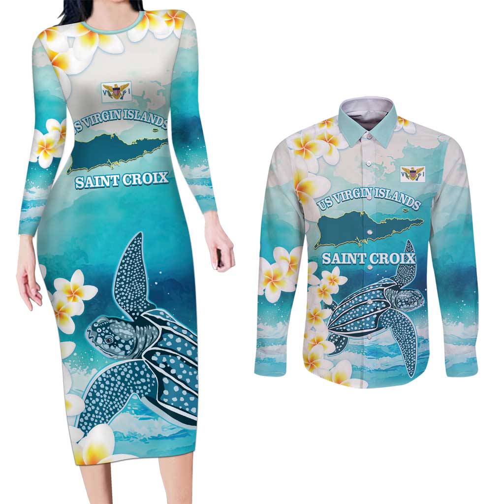 US Virgin Islands St Croix Couples Matching Long Sleeve Bodycon Dress and Long Sleeve Button Shirt Twin City Leatherback With Plumeria
