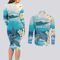 US Virgin Islands St Croix Couples Matching Long Sleeve Bodycon Dress and Long Sleeve Button Shirt Twin City Leatherback With Plumeria