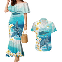US Virgin Islands St Croix Couples Matching Mermaid Dress and Hawaiian Shirt Twin City Leatherback With Plumeria