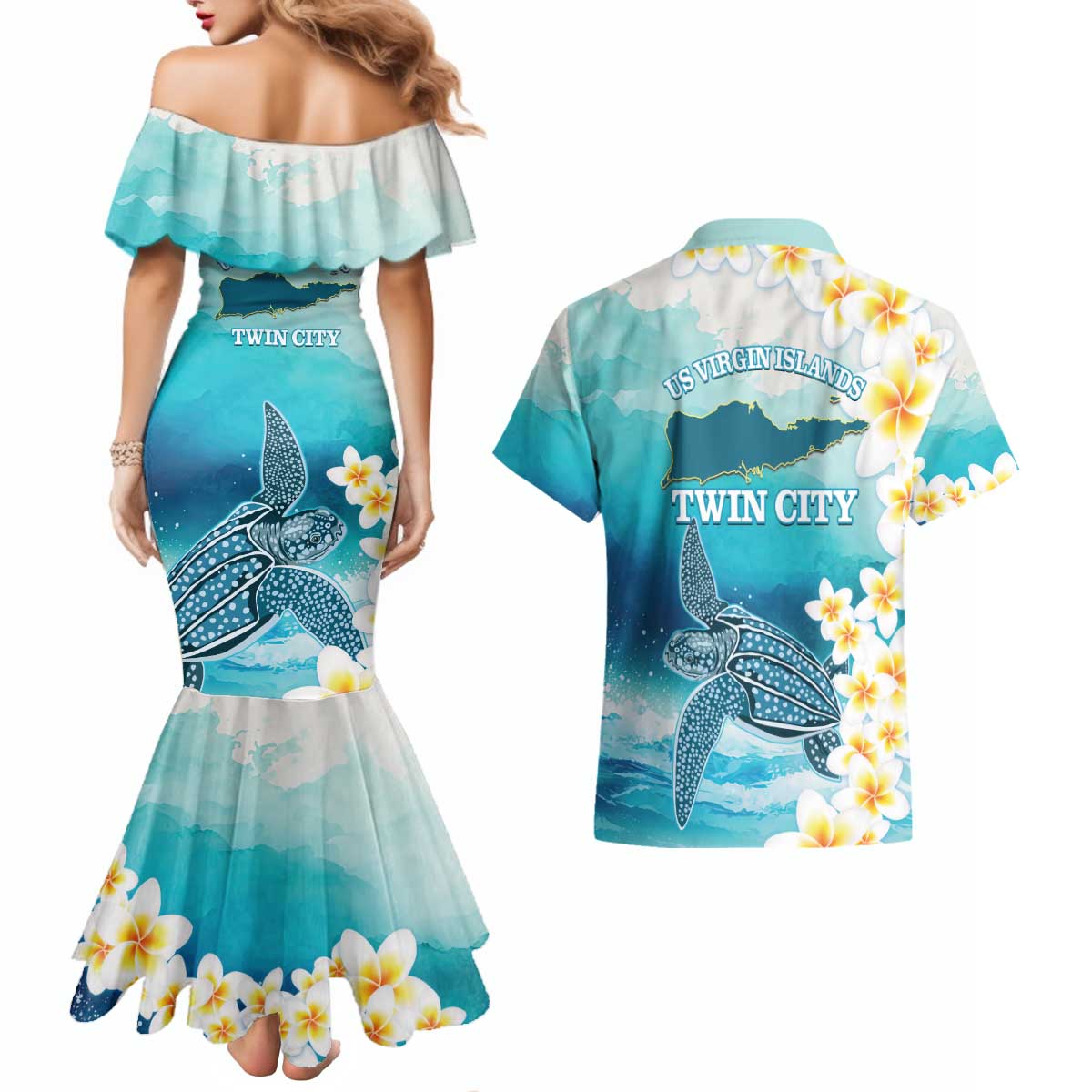 US Virgin Islands St Croix Couples Matching Mermaid Dress and Hawaiian Shirt Twin City Leatherback With Plumeria