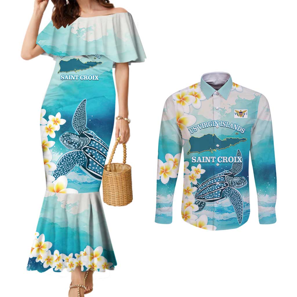 US Virgin Islands St Croix Couples Matching Mermaid Dress and Long Sleeve Button Shirt Twin City Leatherback With Plumeria