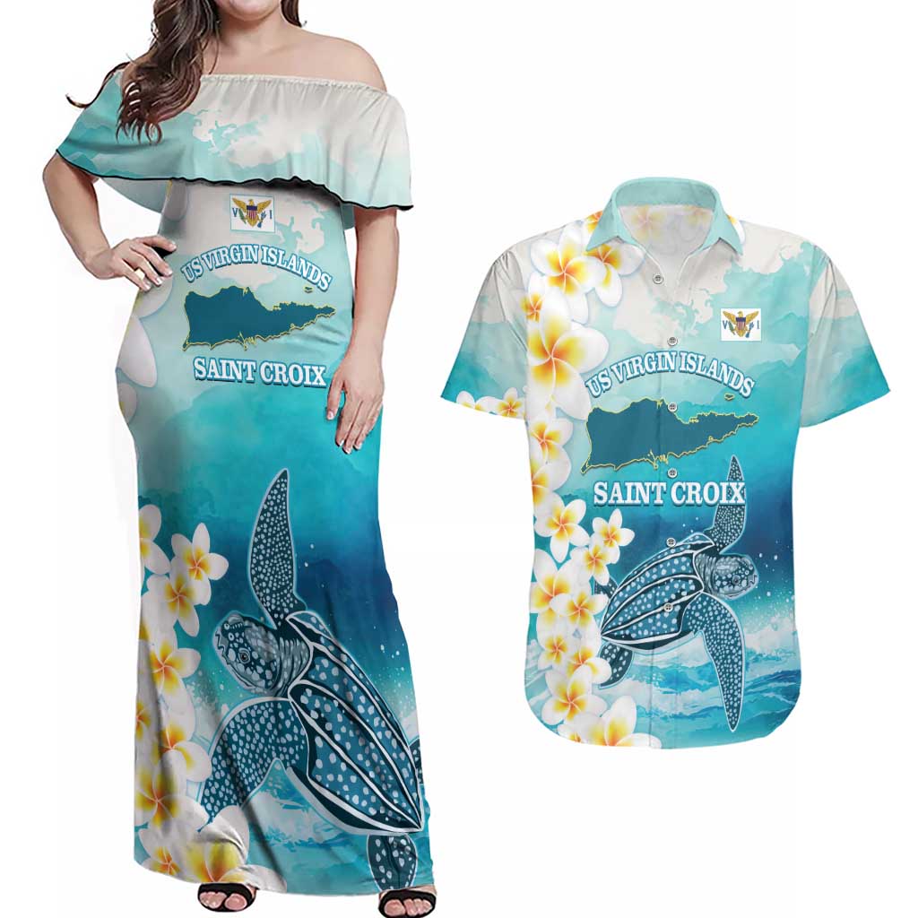 US Virgin Islands St Croix Couples Matching Off Shoulder Maxi Dress and Hawaiian Shirt Twin City Leatherback With Plumeria