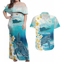 US Virgin Islands St Croix Couples Matching Off Shoulder Maxi Dress and Hawaiian Shirt Twin City Leatherback With Plumeria