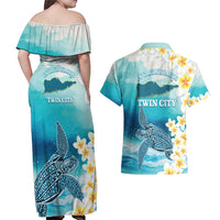 US Virgin Islands St Croix Couples Matching Off Shoulder Maxi Dress and Hawaiian Shirt Twin City Leatherback With Plumeria