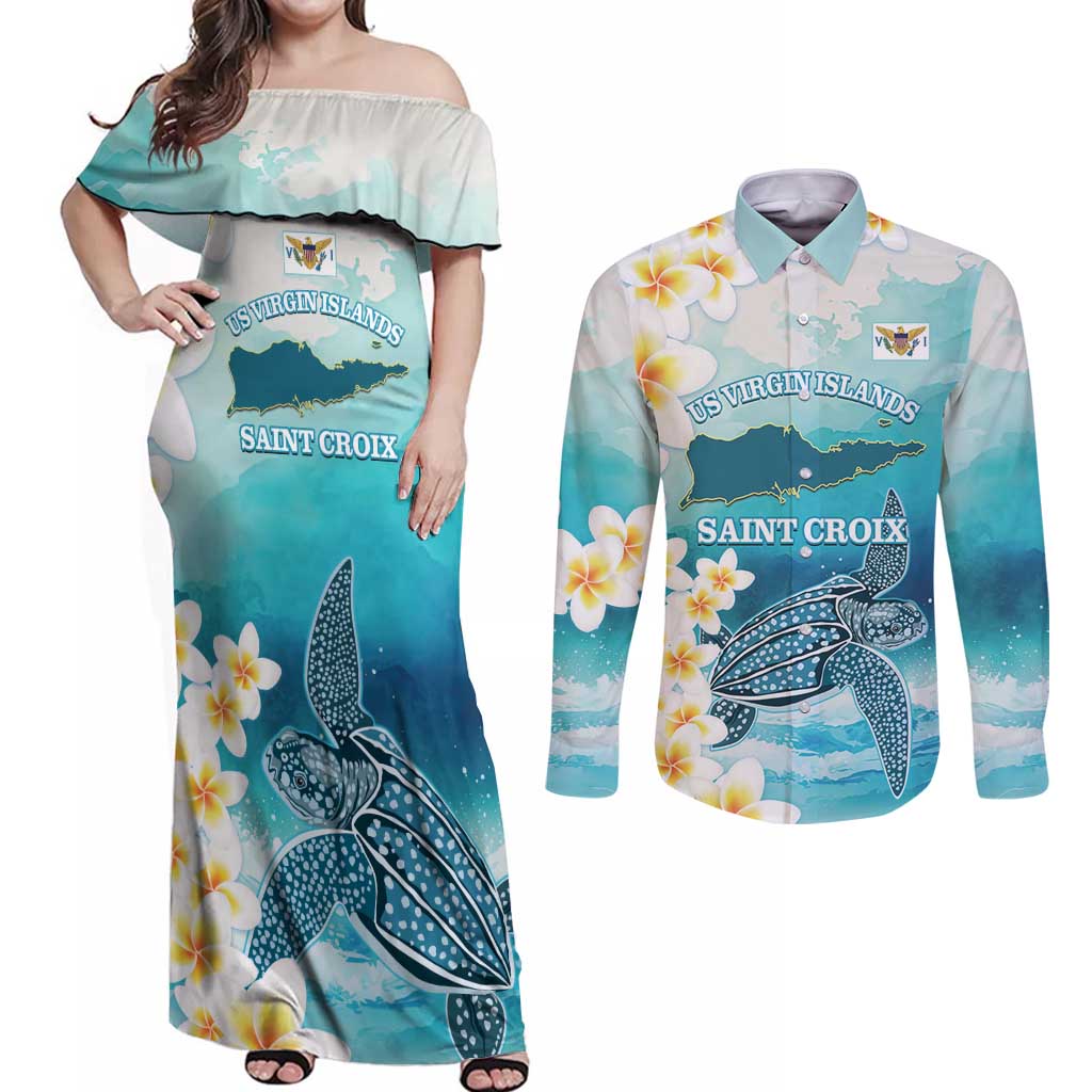 US Virgin Islands St Croix Couples Matching Off Shoulder Maxi Dress and Long Sleeve Button Shirt Twin City Leatherback With Plumeria