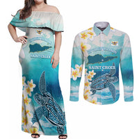 US Virgin Islands St Croix Couples Matching Off Shoulder Maxi Dress and Long Sleeve Button Shirt Twin City Leatherback With Plumeria