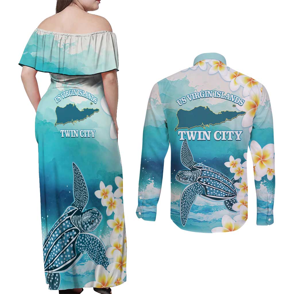 US Virgin Islands St Croix Couples Matching Off Shoulder Maxi Dress and Long Sleeve Button Shirt Twin City Leatherback With Plumeria