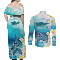 US Virgin Islands St Croix Couples Matching Off Shoulder Maxi Dress and Long Sleeve Button Shirt Twin City Leatherback With Plumeria