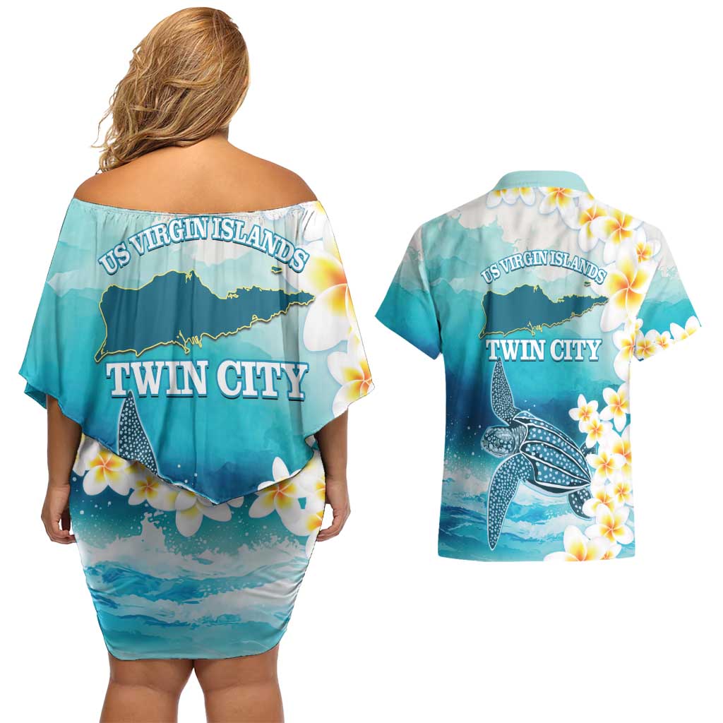 US Virgin Islands St Croix Couples Matching Off Shoulder Short Dress and Hawaiian Shirt Twin City Leatherback With Plumeria