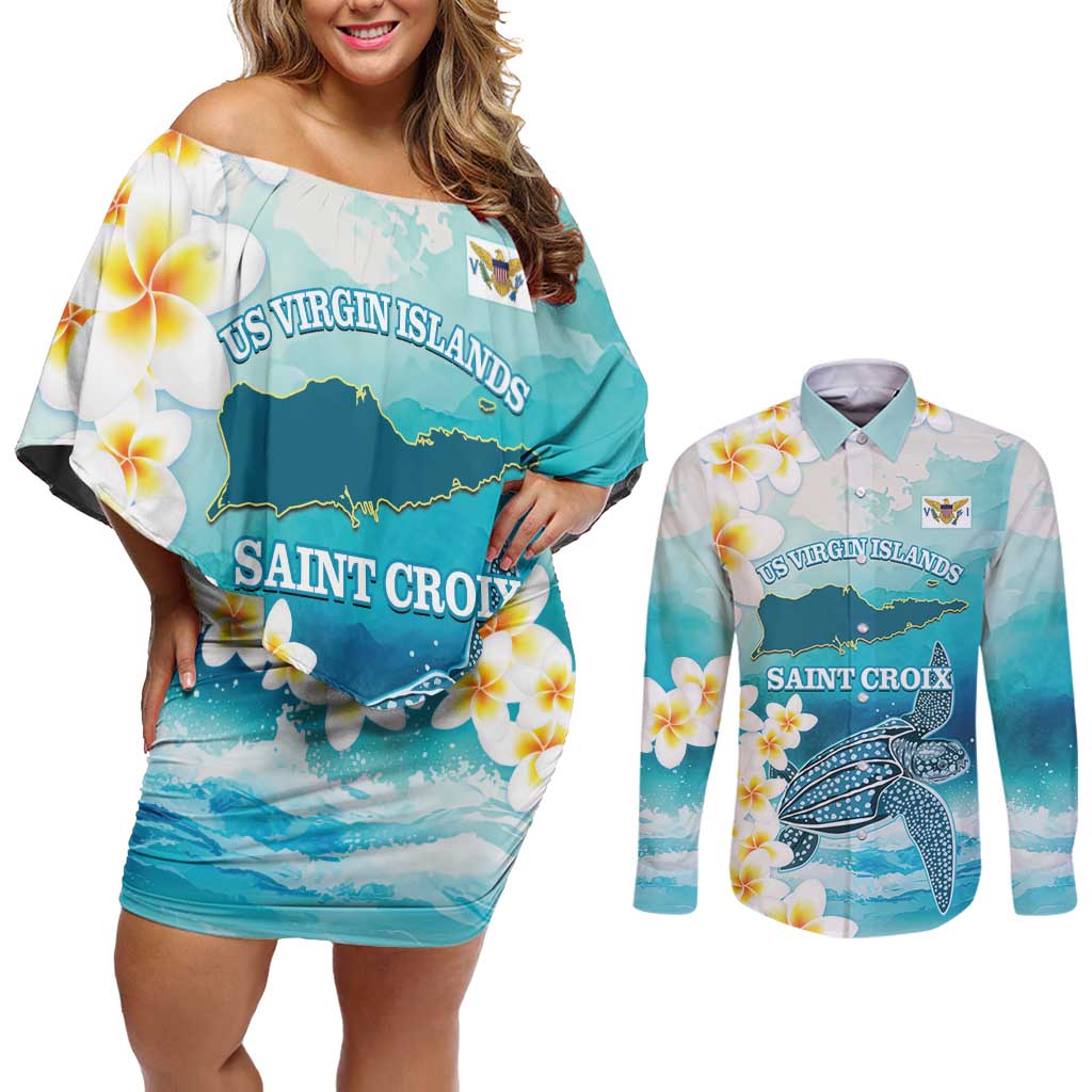 US Virgin Islands St Croix Couples Matching Off Shoulder Short Dress and Long Sleeve Button Shirt Twin City Leatherback With Plumeria