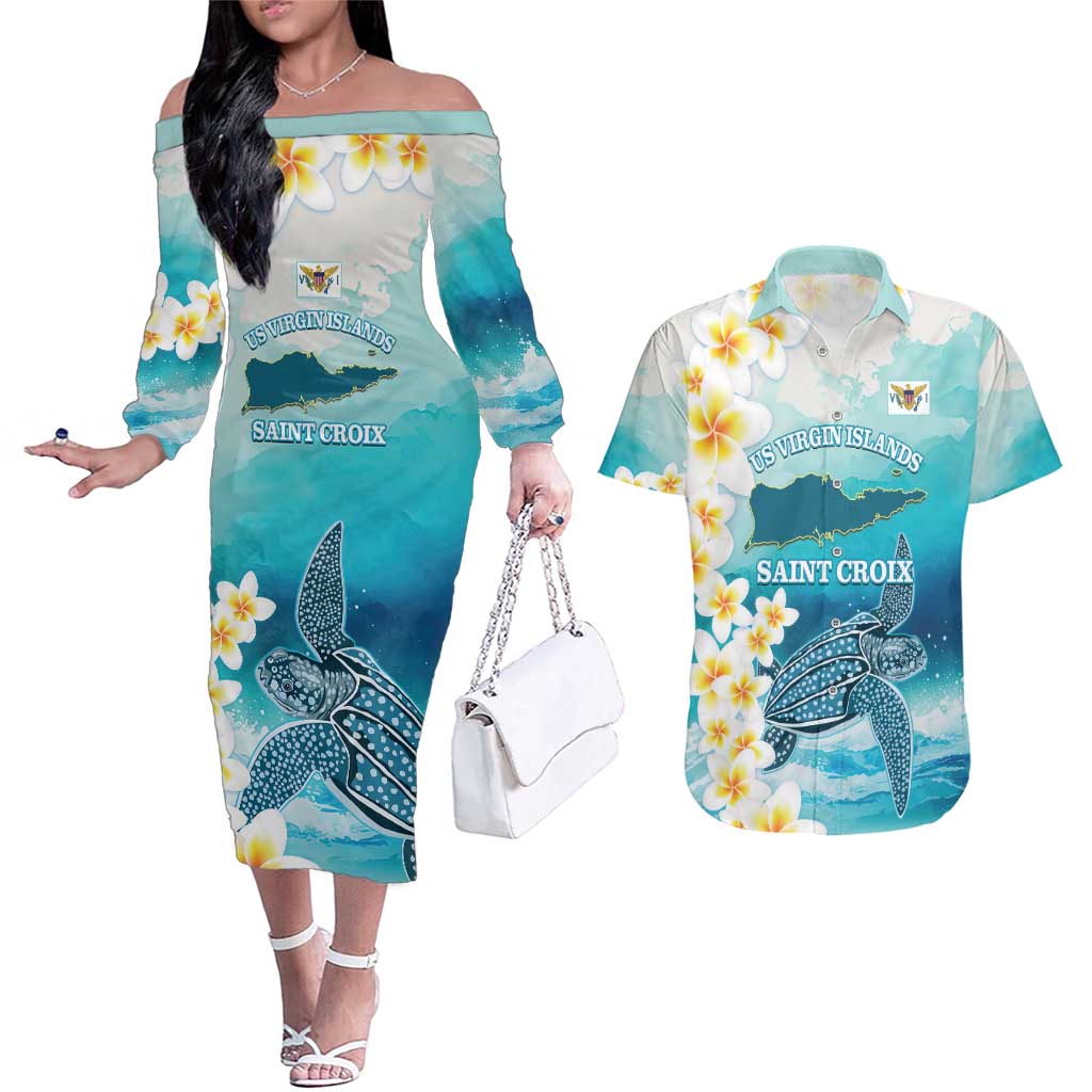 US Virgin Islands St Croix Couples Matching Off The Shoulder Long Sleeve Dress and Hawaiian Shirt Twin City Leatherback With Plumeria