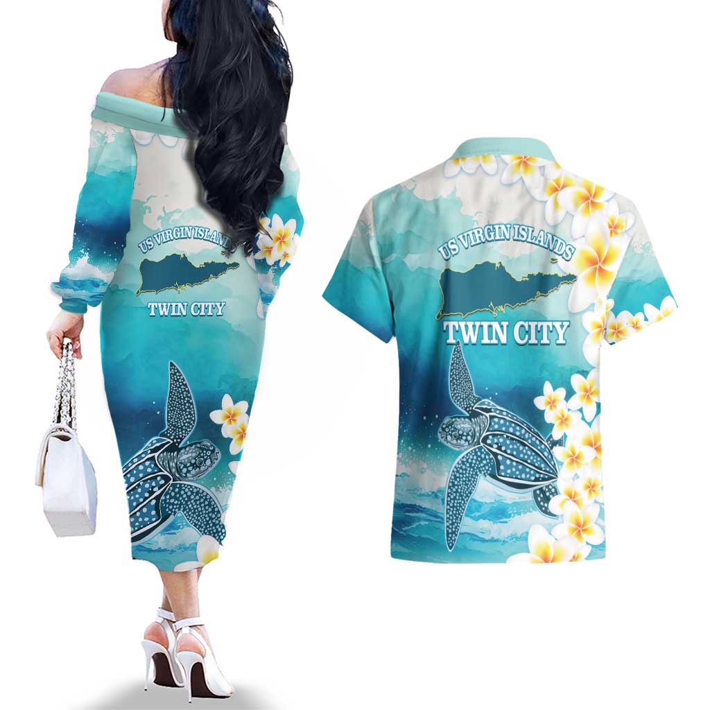 US Virgin Islands St Croix Couples Matching Off The Shoulder Long Sleeve Dress and Hawaiian Shirt Twin City Leatherback With Plumeria