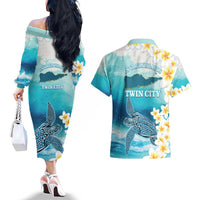 US Virgin Islands St Croix Couples Matching Off The Shoulder Long Sleeve Dress and Hawaiian Shirt Twin City Leatherback With Plumeria