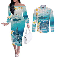 US Virgin Islands St Croix Couples Matching Off The Shoulder Long Sleeve Dress and Long Sleeve Button Shirt Twin City Leatherback With Plumeria